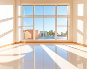 Minimalist Glass Architecture Sunlit Empty Room with Polished Floors - Commercial Space Design and Energy Efficiency for Innovative Office and Retail Development