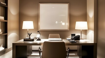 A sleek, contemporary home office with neutral tones, warm lighting, and a centered white frame.