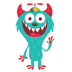 Cartoon cute monster with funny excited face expression waving hands. Vector illustration isolated on white. Halloween design
