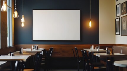 A sleek, high-end bistro with modern lighting fixtures and a framed white canvas.