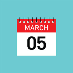 05  march calendar page vector. 3d one day calendar date appointment, event reminder illustration. March 05 Concept Design. Vector Illustration, march 05, Calendar icon vector illustration 