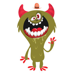 Cartoon cute monster with funny excited face expression waving hands. Vector illustration isolated on white. Halloween design