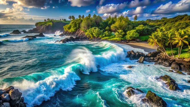 Dramatic aerial view: Koki Beach, Hana, Maui.  Ocean waves crash the shore in breathtaking spectacle.