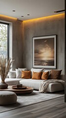 A sleek, minimal corner of a living room with soft lighting and an oversized white frame.