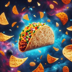 A taco in space, floating among cosmic tortilla chips