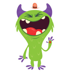 Cartoon cute monster with funny excited face expression waving hands. Vector illustration isolated on white. Halloween design