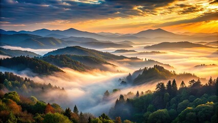 Fototapeta premium Dreamy gray wisps drift across a misty mountain, soft light illuminating an ethereal fantasy landscape.