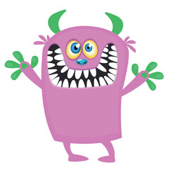 Cartoon cute monster with funny excited face expression waving hands. Vector illustration isolated on white. Halloween design