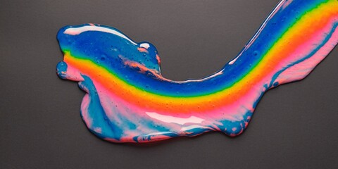 Vibrant Rainbow Slime on Dark Background. A striking flow of colorful rainbow slime spreads across a dark surface, showcasing a playful and creative blend of vivid hues.