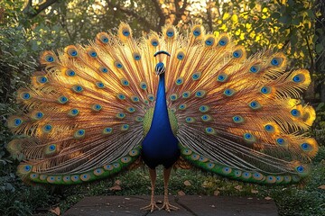 Obraz premium Majestic Peacock Displays Its Golden Train Feathers