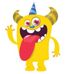 Cartoon cute monster with funny excited face expression waving hands. Vector illustration isolated on white. Halloween design