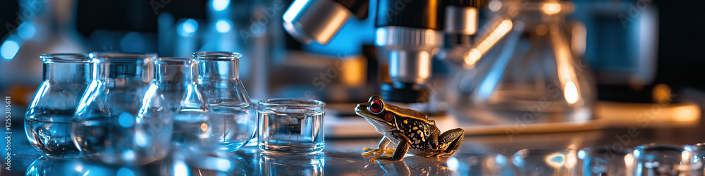 Poster frog on laboratory table with glassware and microscope