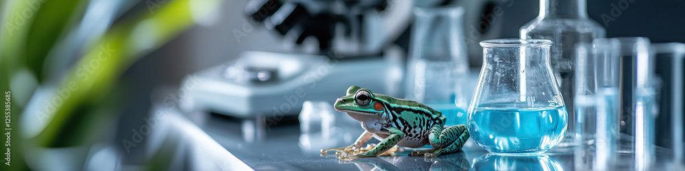 Poster frog in laboratory setting with beakers and microscope