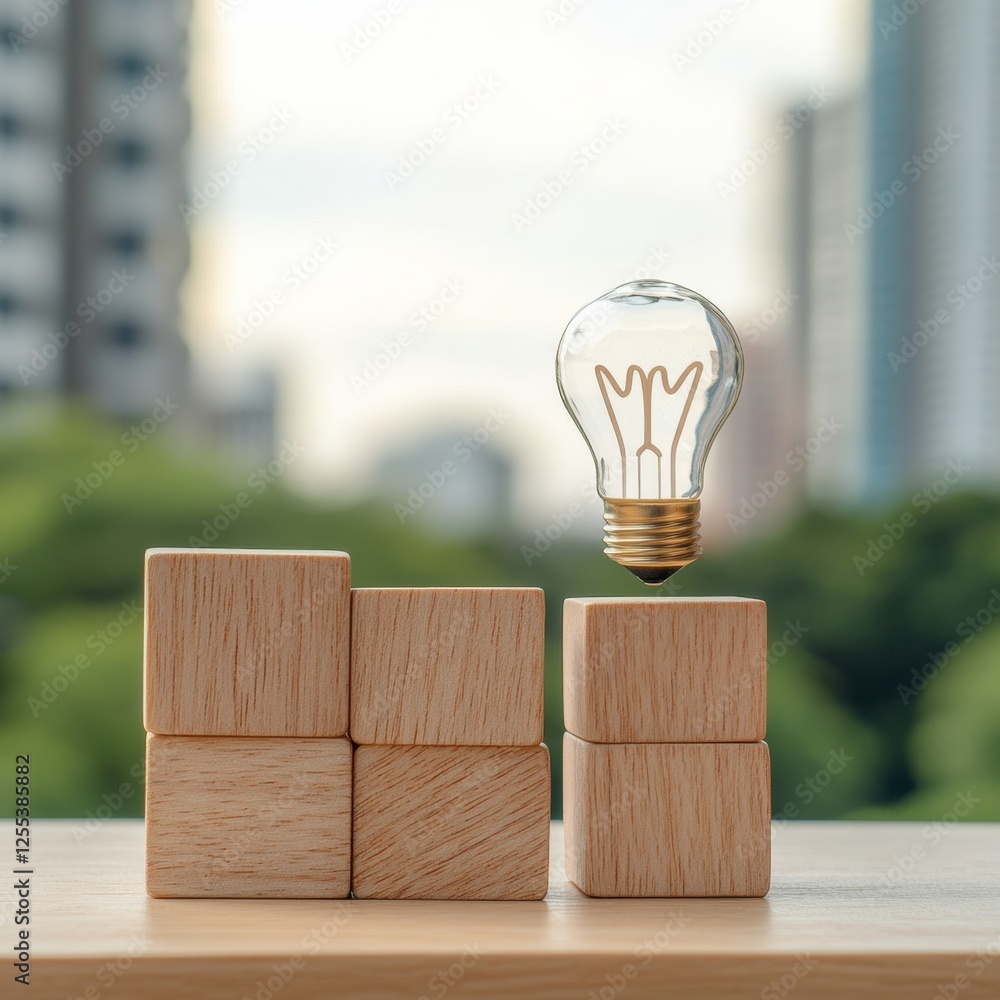 Aufkleber Minimalist Conceptual Design Wooden Blocks with Brain and Lightbulb Icons on Desk Inspiring Creative Coworking Spaces and Business Strategy Solutions