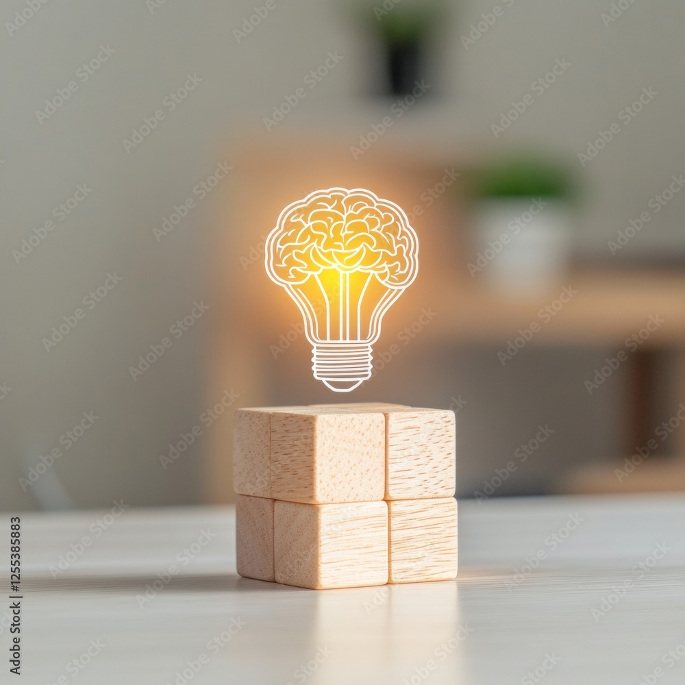Poster minimalist business innovation wooden block display with brain and lightbulb icons in modern coworki
