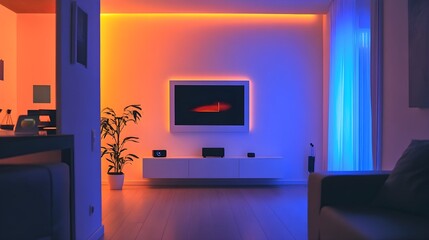 A smart home with voice-activated lighting, a minimalist interior, and a white frame above a floating media console.