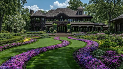 Luxury home garden landscaping, summer day