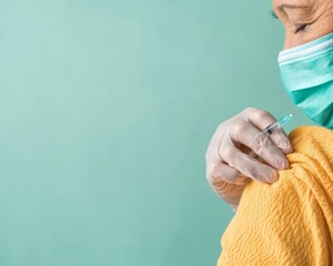 Fototapeta premium Serene Medical Safety Healthcare Worker in Protective Gear Administering Vaccine - Trust-Building Stock for Global Health Campaigns and Public Safety Promotion