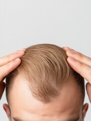 Fototapeta premium A close-up of a man's hands styling his blonde hair in a casual environment.