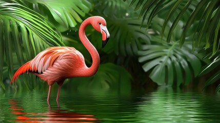 Fototapeta premium A stylized flamingo standing gracefully in a tropical lagoon, surrounded by lush green foliage