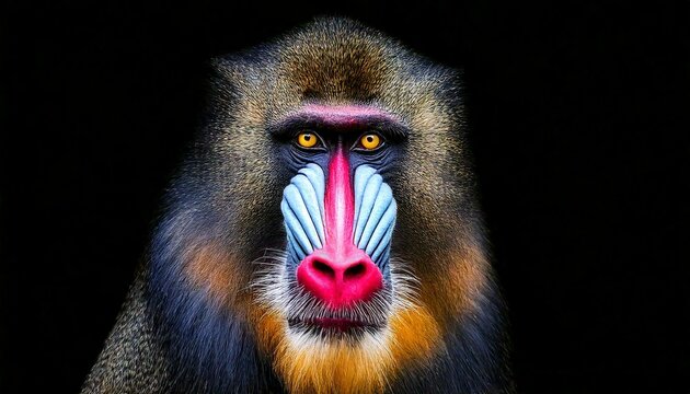 A striking portrait of a colorful and curious African mandrill alpha male, his vibrant facial hues glowing against a deep black background