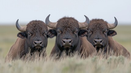 Three bison gazing, prairie grassland, wildlife, nature