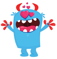 Cartoon cute monster with funny excited face expression waving hands. Vector illustration isolated on white. Halloween design