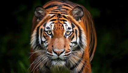Fototapeta premium A captivating scene of a determined Sumatran tiger prowling directly toward the camera, showcasing its sleek and muscular frame