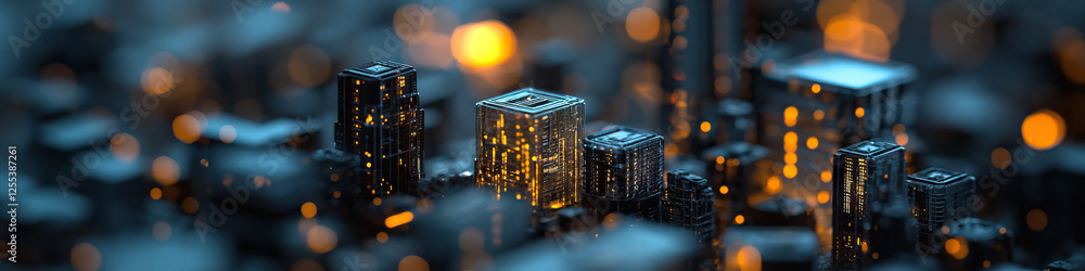 Poster digital rendering of a futuristic cityscape with illuminated buildings