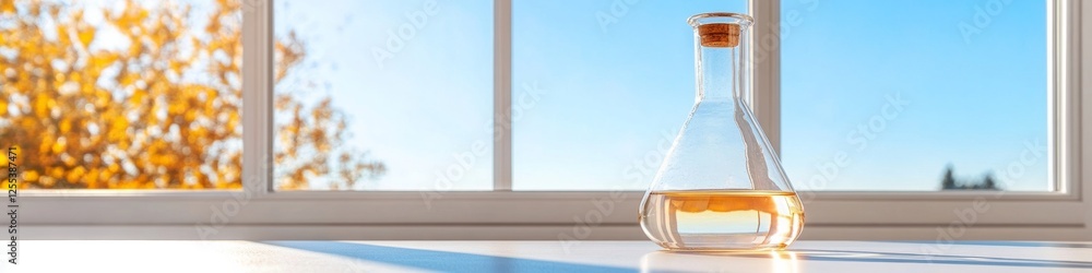 Poster minimalist lab design sunlit glassware with copper elements on white surface - innovative research s