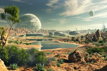 Obraz premium Terraforming Mars Reveals Thriving Settlements Amidst Lush Greenery and Iconic Celestial Bodies in a Captivating Martian Landscape