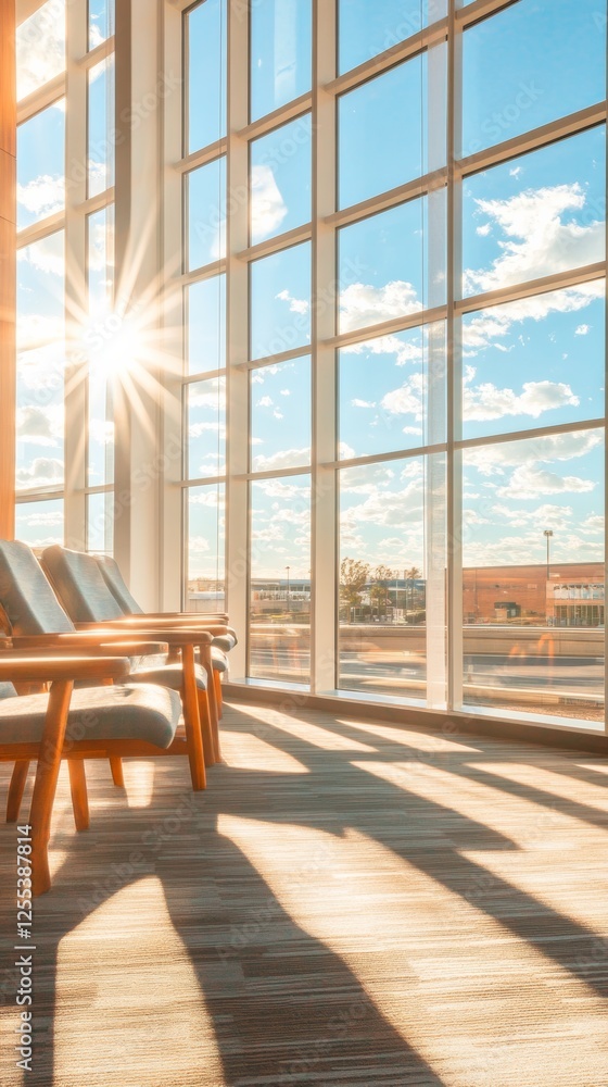 Poster sunlit modern common room scandinavian wooden seating and floor-to-ceiling windows - inclusive commu