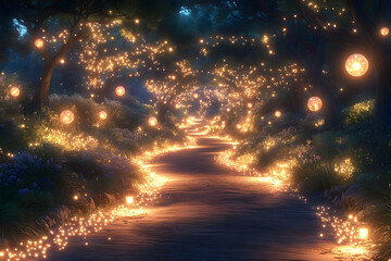Naklejka premium Glowing Pathway In A Magical Garden at Night