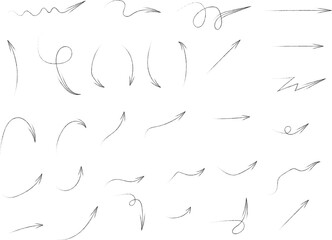 Set of simple lines hand drawn black arrows in various style. Set of simple of hand drawn black arrows. set of diverse hand-drawn arrow icons in various shapes and directions.