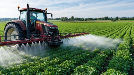 Tractors are actively spraying insecticide on lush green grass fields during the spring season at a commercial farm setting