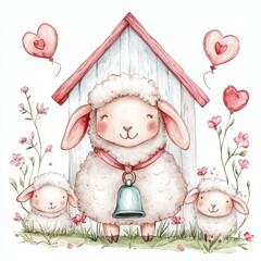 A cute illustration of three sheep near a cozy house, surrounded by flowers and heart-shaped balloons, creating a whimsical and cheerful scene.
