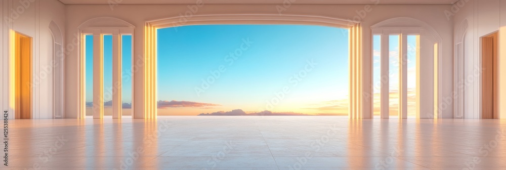 Poster sunlit minimalist conference venue flowing open space with marble floors and archways - ideal for mo