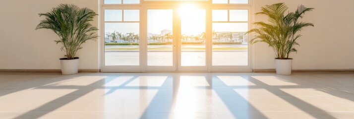 Fototapeta premium Sunlit Minimalist Foyer Design Elegant Ceramic Floor with Indoor Plants - Modern Event Venue and Professional Networking Space for Vibrant Business Gatherings