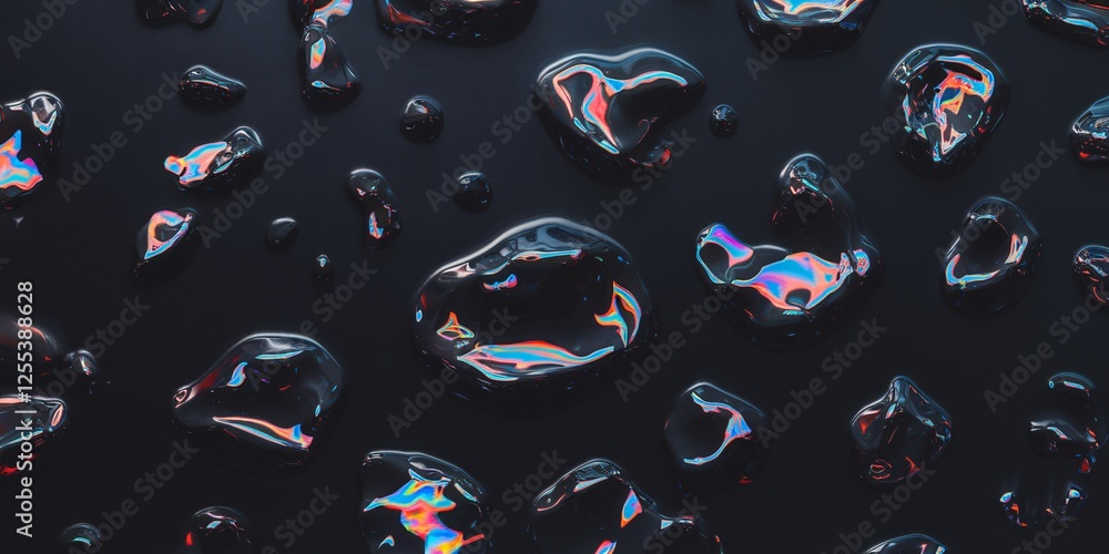 Aufkleber iridescent droplets on dark surface. a collection of iridescent droplets scattered across a dark bac