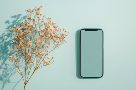 Digital Minimalism in Remote Communication Smartphone Cutout with Dried Flowers on Pastel Blue - Content Creation and Social Media Design for Modern Tech Engagement