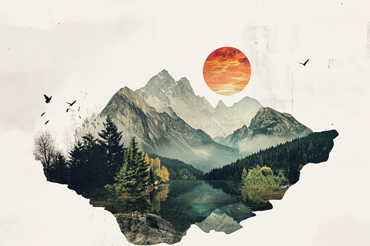 surreal landscape composite artwork collage featuring serene mountains, a fiery sun, tranquil forests,  representing harmony and beauty of nature in an artistic expression.