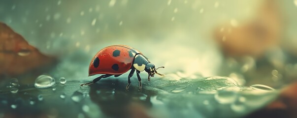 Ladybug on leaf in rainy scene with water droplets