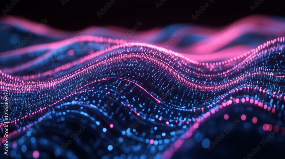 Poster futuristic technology: abstract digital waves with glowing points and lines