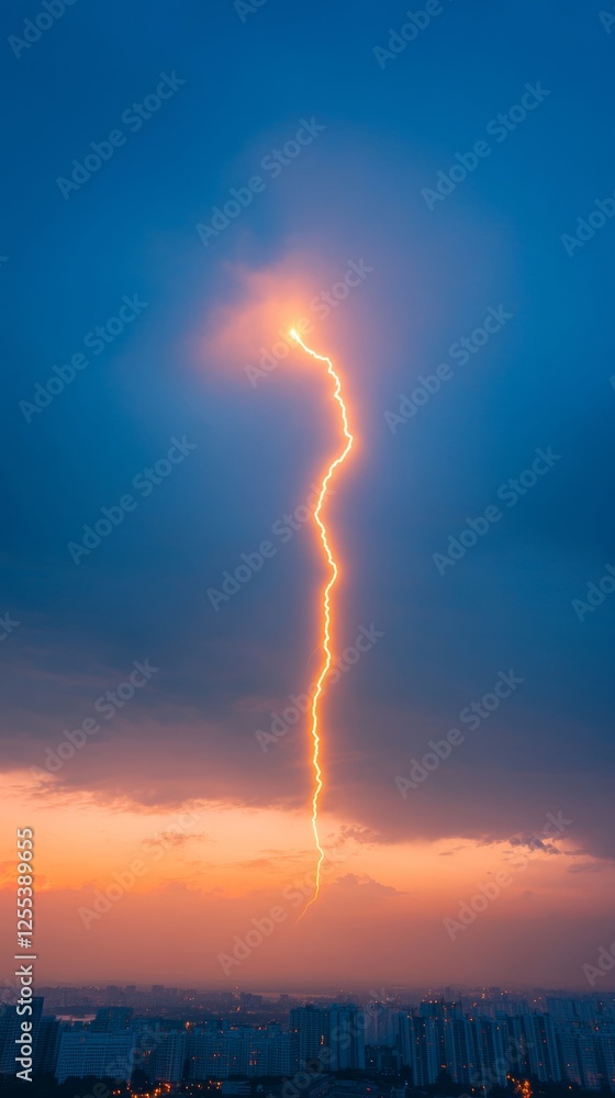 Poster dynamic urban lightning art digital visualization of stormy skies over cityscape - vibrant weather p