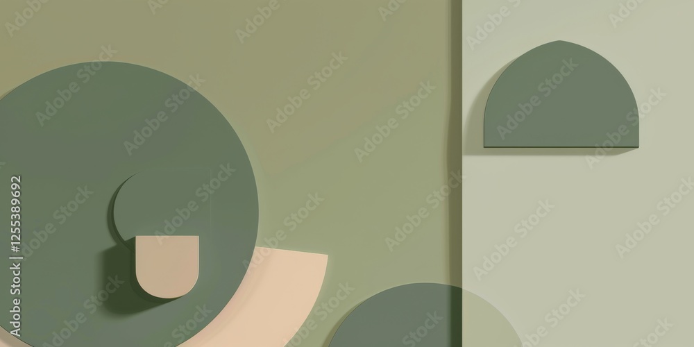 Poster a sleek minimalist graphic featuring a muted sage green background, abstract shapes and minimalist e