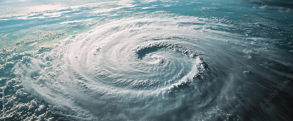 Poster aerial view of a massive hurricane swirling above the ocean, showing the intense and powerful storm 