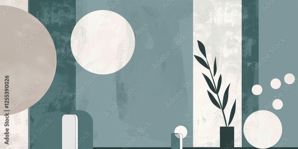 Poster a sleek minimalist graphic featuring a muted teal background, abstract shapes and minimalist element