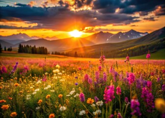 Obraz premium Golden hour paints Altay's wildflowers, a minimalist Russian landscape.