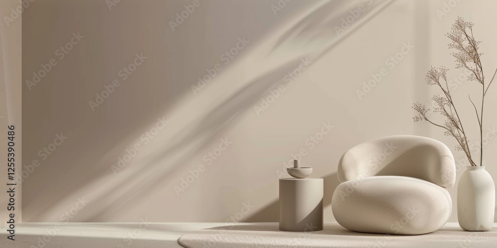 Poster a sleek minimalist layout with a light champagne background, smooth forms and minimal detailing, mod