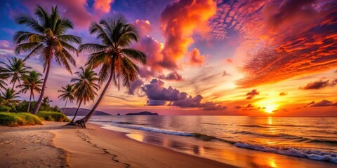 Golden hour paints the beach in fiery hues, a breathtaking seascape at sunset.